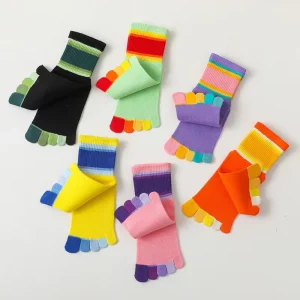 Custom Five Toe Crew Socks For Kids Breathable Cotton Fashionable Colorful Stripes Knitted Techniques For Summer Fashion