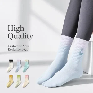 Custom Gradient Ombre Yoga Pilates Crew Socks Women Knitted Cotton Breathable Stockings Multicolor Embroidery Socks