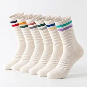 Custom Knitted Cotton Crew Sports Socks Thick Terry Cushion Striped Athletic Running Socks