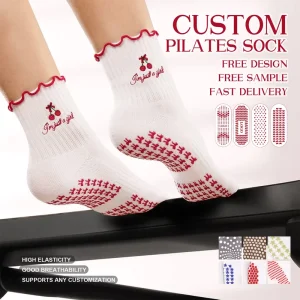 Custom Knitted Crew Digital Print Grip Yoga Socks Women Non Slip Ruffle Pilates With Embroidered Crown