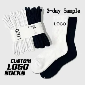 Custom LOGO Sports Socks Athletic Tube White Men Knitted Cotton Crew Socks
