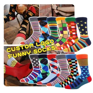 Custom Logo Anti-Slip Autumn Funny Socks for Men Casual Crew with Happy Pattern