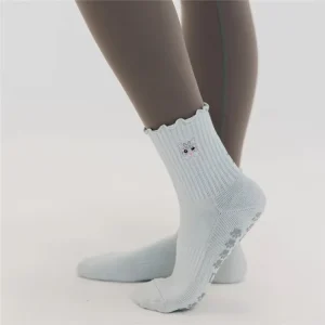 Custom Logo Anti Slip Ruffle Yoga Pilates Socks Women’s Embroidery Fitness Cotton Crew Non slip Grip Socks