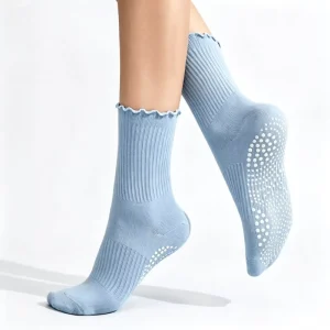 Custom Logo Baby Blue Crew Yoga Pilates Breathable Sweat Absorbent Anti Slip Digital Socks Ruffle Lettuce Embroidery Sporty