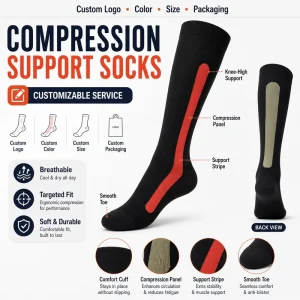 Custom Logo Black Compression Athletic Socks Nylon Polyester Spandex Moisture Wicking Knee High Socks for Running