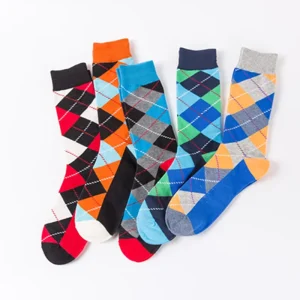 Custom Logo Casual Creative Geometric Crew Socks Novelty Striped Plaid Pattern Crew Socks for Men Gifts