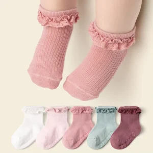 Custom Logo Children’s Non Slip Spring and Autumn Cotton Socks Infant Girls Solid Color Baby Floor Lace Socks