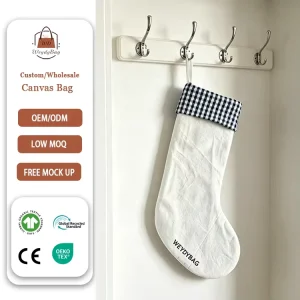 Custom Logo Christmas Stocking Bag Reusable Portable Sock Style Bag Lightweight Cotton Canvas Plaid Cuff Treat Gift Bag
