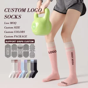 Custom Logo Cotton Yoga Pilates Socks Women Anti Slip Grips Sports Compression Knee High Socks