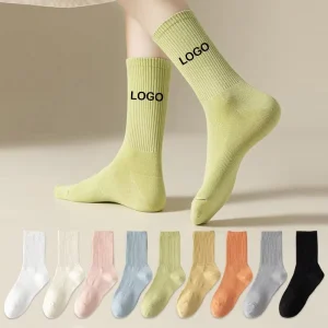Custom Logo Fashion Women Solid Color Candy Cotton Breathable Crew Socks for Autumn Winter