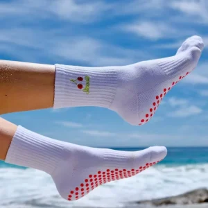 Custom Logo Grip Pilates Socks Anti slip Yoga Cute Embroidery Cherry Crew Socks Women High Quality Bamboo Pilates Sock
