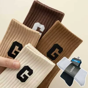 Custom Logo Jacquard Letter Winter Crew Cotton Socks Breathable Striped Athletic Sports Socks For Men Women