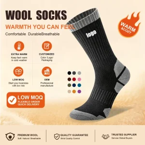Custom Logo Merino Wool Crew Socks Cushioned Breathable Thermal Winter Hiking Trekking Outdoor Sports Socks