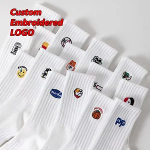 Custom Logo New Design Men’s Sweat Absorbent Sports Socks White Mid Calf Cartoon Embroidery Breathable Cotton Socks