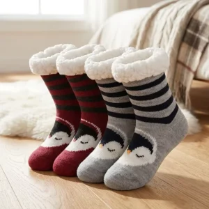 Custom Logo Penguin Socks Sherpa Lined Winter Floor Socks Thick Slipper Socks Warm Non Slip Socks