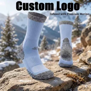 Custom Logo Premium Merino Wool Hiking Socks Heavyweight Thermal Cushioning Outdoor Winter Warm Trekking Crew Socks