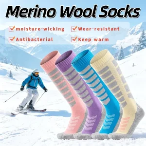 Custom Logo Premium Merino Wool Knee High Striped Terry Cushioned Thermal Winter Snowboard Skiing Sports Socks
