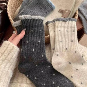 Custom Logo Premium Thick Thermal Wool Socks Super Soft Polka Dot Frilly Ruffle Cuff Winter Warm Knitted Woolen Socks