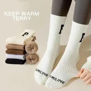 Custom Logo Socks Terry Socks Warm Towel Bottom Letters Medium Long Combed Cotton Thickened Sports Women’s Socks Crew