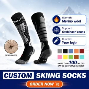 Custom Logo Thermal Merino Wool Ski Socks Warm Winter Snowboard Socks Thick Cushioned Moisture Wicking Outdoor Skiing Socks