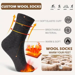 Custom Men and Women Crew Sports Warm Running Hiking Merino Wool Socks Spring Youth Knitted Cuff