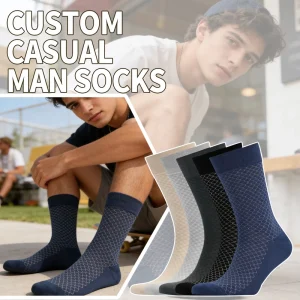 Custom Men’s Breathable Mesh Dress Socks Combed Cotton Crew Socks with Honeycomb Pattern for Business and Casual Wear