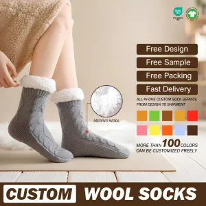 Custom Merino Wool Socks Women’s Winter Thermal Hiking Socks Warm Fleece Lined Crew Socks Outdoor Skiing Socks