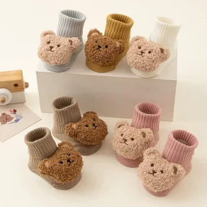 Custom Packaging Cute Cartoon Bear Baby Socks for Boy Girl Winter Soft Cotton Anti Slip Soled Newborn Toddler Sock Kids Thicken