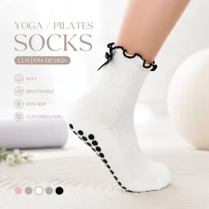 Custom Pilates Socks Non Slip Yoga Grip Socks For Women With Ruffle Cuff Soft Cotton OEM ODM Private Label
