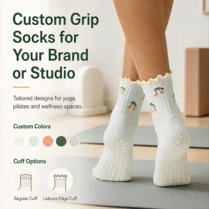 Custom Pilates Yoga Socks Anti Slip Grip Socks Cherry Knitted Logo Ruffle Light Blue