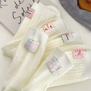 Custom Premium Women’s Breathable Knitted Cotton Crew Socks with Woven Label White for Spring Summer