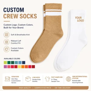 Custom Printed Logo Two White Strip Ribbed Crew Socks Solid Color Breathable Cotton Casual Sports Daily Socks OEM