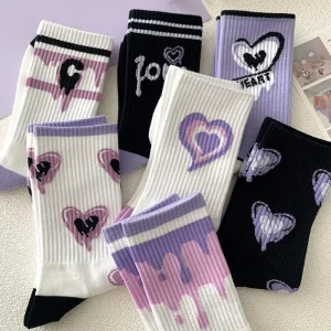 Custom Purple Love Women’s Crew Length Socks Versatile American Cartoon Letter Sports Cotton Socks for Ins