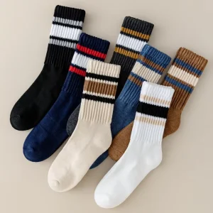 Custom Retro Crew Socks Men’s Towel Red Stripes Color Cotton White Socks Thick Terry Slouch Simple Boys Sports Socks