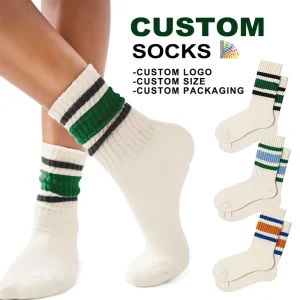 Custom Retro Striped Crew Slouchy Socks Sporty Calf Casual Cotton Tube Scrunch Socks for Women