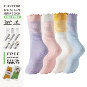 Custom Ruffle Yoga Sock Women’s Anti Slip Yoga Socks with Strong Grips Breathable Comfort Grip Socks for Yoga Pilates Barre