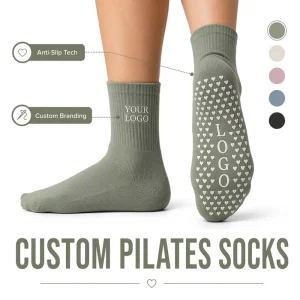 Custom Sage Green Pilates Socks With Heart Grips And Integrated Sole Logo Premium Performance Crew Socks
