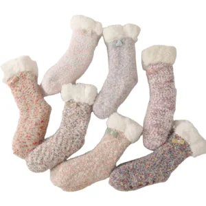 Custom Thermal Winter Warm Fuzzy Slipper Floor AntiSlip Plush Dotted Rubber Anti slip Women Winter Socks