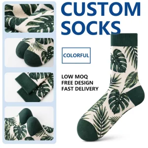 Custom Tropical Leaf Pattern Crew Socks Jacquard Knit Cotton Botanical Socks with Private Logo