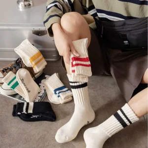 Custom Vintage Rib Knit Socks for Men Winter Thermal Terry Texture Fur Lined Design Jacquard Logo on Sole Striped Sock