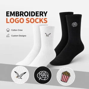 Custom White Black Embroidered Logo Socks Fashion Street Crew Cotton Men Sports Socks