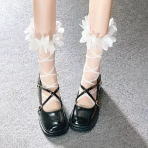 Custom White Petal Edge Crystal Glass Stocks Children’s Summer Thin Mesh Striped Polka Dot Short Fashion Socks