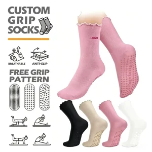 Custom Women Anti-Slip Grip Yoga Pilates Socks Thick Terry Cotton Jacquard Embroidery Striped Cute Dance Fitness Sports Socks