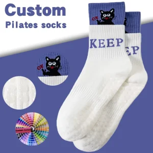 Custom Women’s Non-Slip Pilates Socks Double Ribbed Anti-Slip Yoga Grip Socks with Cute Design Sports Stockings 100% Cotton