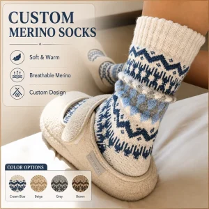 Custom Wool Socks Warm Winter Nordic Pattern Crew Soft Breathable Thick Knit Merino Wool Socks