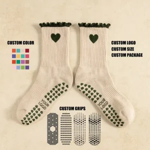 Custom Yoga Socks Women Embroidery Gym Fitness Cotton Crew Non Slip Cotton Crew Ruffle Grip Socks Pilates