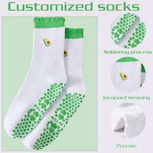 Customizable Anti Slip Yoga Socks with Avocado Embroidery and Heart Grip Design for Pilates Fitness and DanceOEM Available