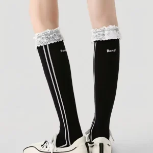 Customizable Original Design Women’s Socks Black Stripe Lace Princess Knee High Socks Autumn Winter Sports Socks