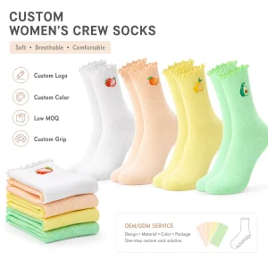 Customizable Women’s Frilly Crew Socks with Fruit Print Knitted High ankle OEM ODM Manufacturer
