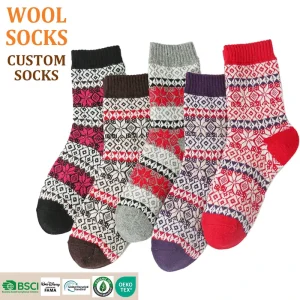 Customized Crew Dress Women’s Geometric Wool Socks Winter Sweat absorbent Warm Thick Knitted Body Logo